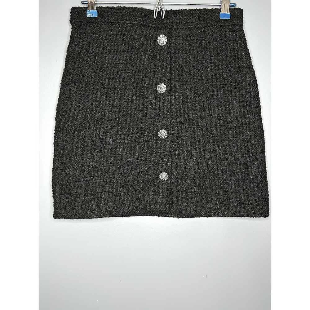 H&M Skirt Sz 6 Black Tweed Rhinestone Button Mini Pencil Party Holiday Old Money